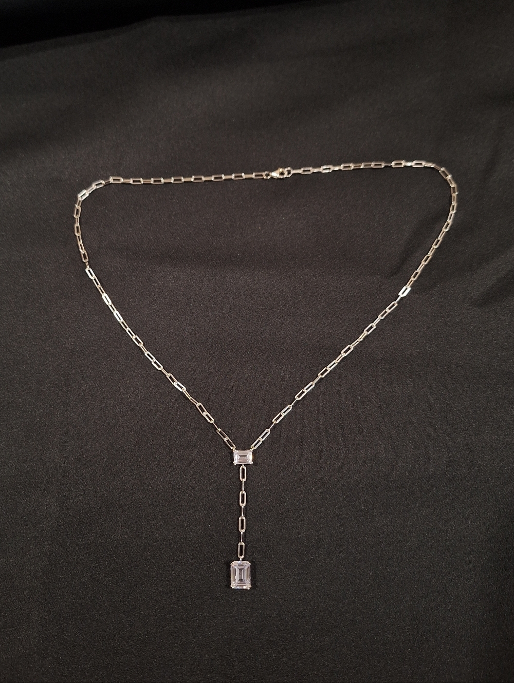 Diamonique Emerald Cut Y Necklace Sterling Silver Paperclip Chain QVC 18"